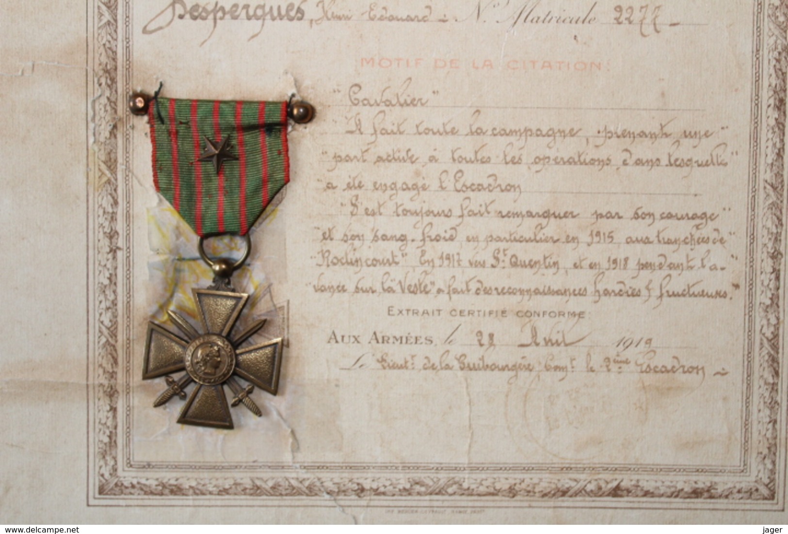 Citation Pour Un Hussard (13 Eme Regiment) Avec Sa Croix De Guerre ,' 1914 1918 - 1914-18
