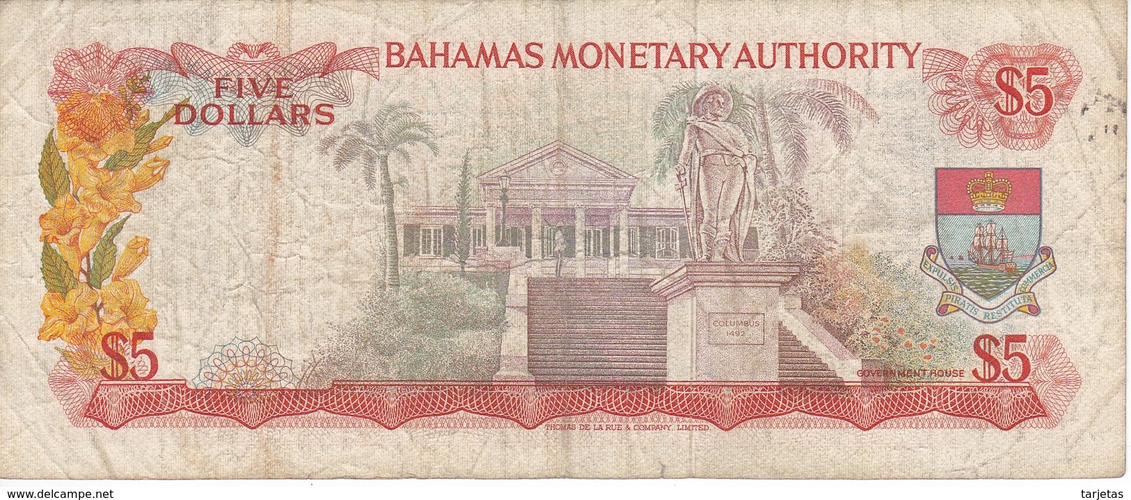 BILLETE DE BAHAMAS DE 5 DOLLARS DEL AÑO 1974  (BANKNOTE) MUY RARO - Bahamas