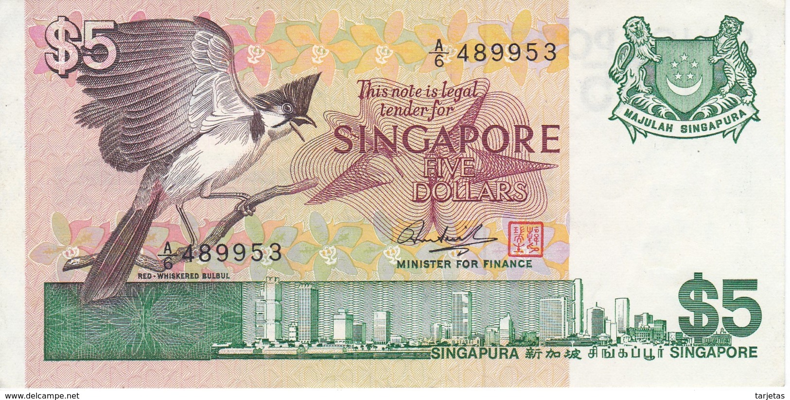BILLETE DE SINGAPORE DE $5 DE UN PAJARO DEL AÑO 1976 EN CALIDAD EBC (XF) (BANKNOTE) BIRD - Singapore