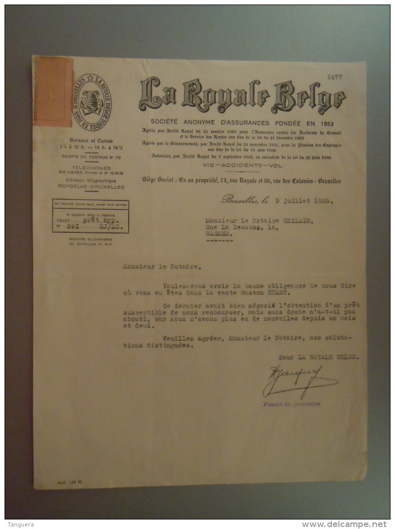 1935 La Royale Belge SA D'assurance Bruxelles Lettre Envoyée Au Notaire à Wasmes Bijenkorf Ruche - Banque & Assurance