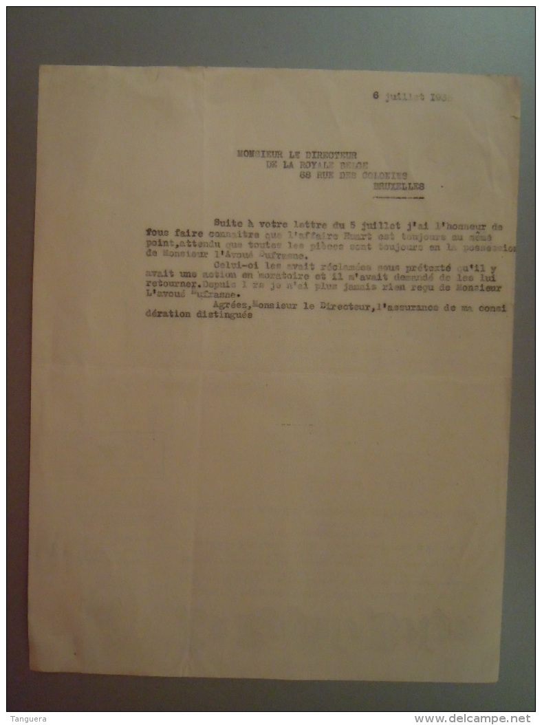 1935 La Royale Belge SA D'assurance Bruxelles Lettre Envoyée Au Notaire à Wasmes Bijenkorf Ruche - Banque & Assurance