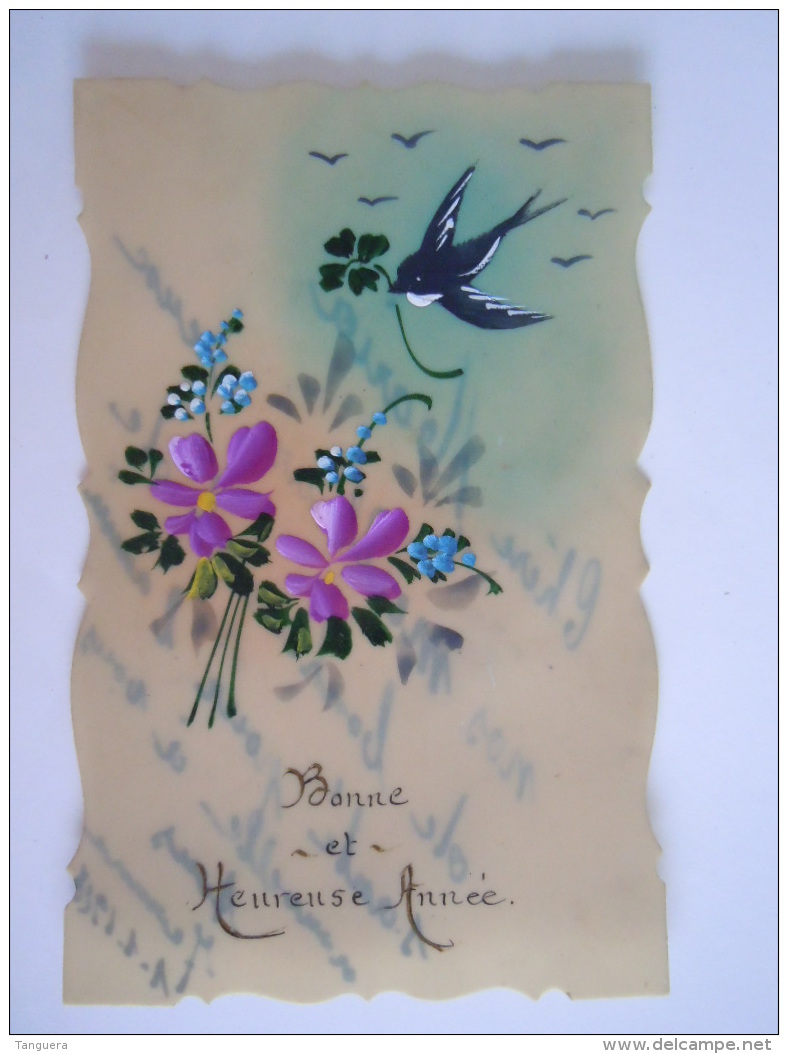 Bonne Et Heureuse Annee Carte Celluloid Fleurs Bloemen Hirondelle Zwaluw écrit 1928 - Other & Unclassified