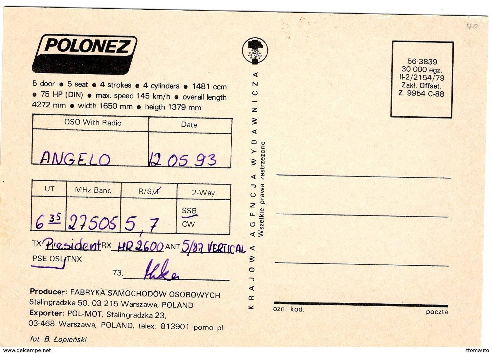 Polonez 1500 SP9  (1993)     -  Manufacturer's Sales Card - CPM - PKW