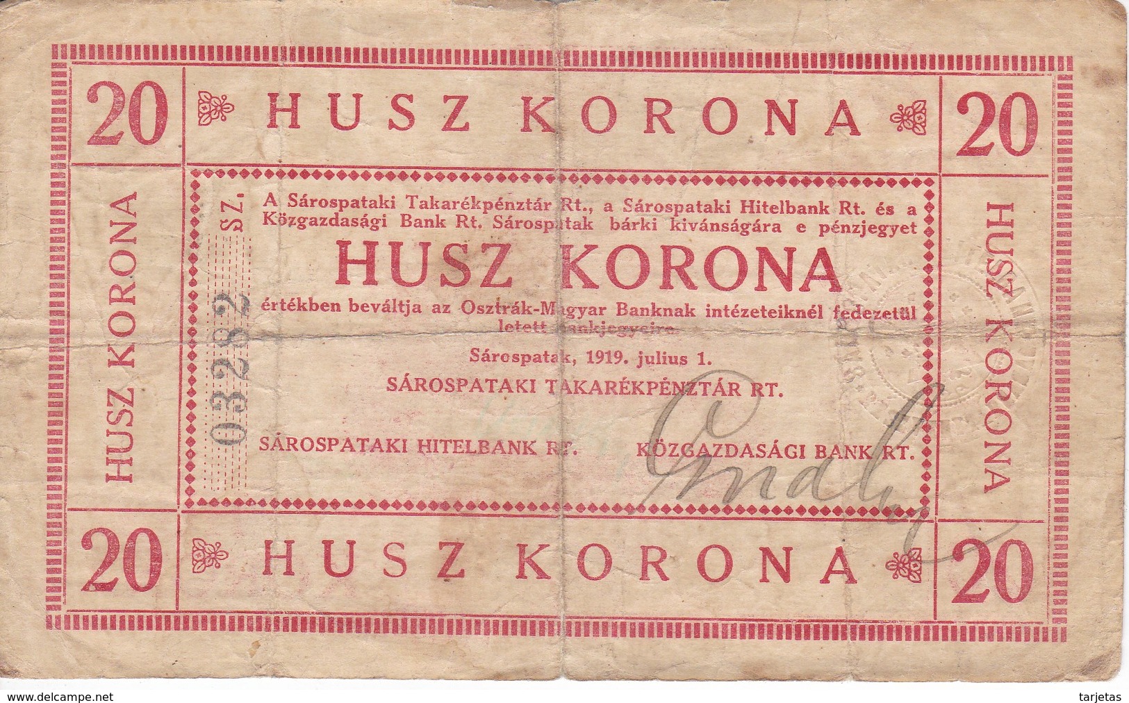 BILLETE DE HUNGRIA DE 20 KORONA DEL AÑO 1919  (BANKNOTE) MUY RARO - Hungría