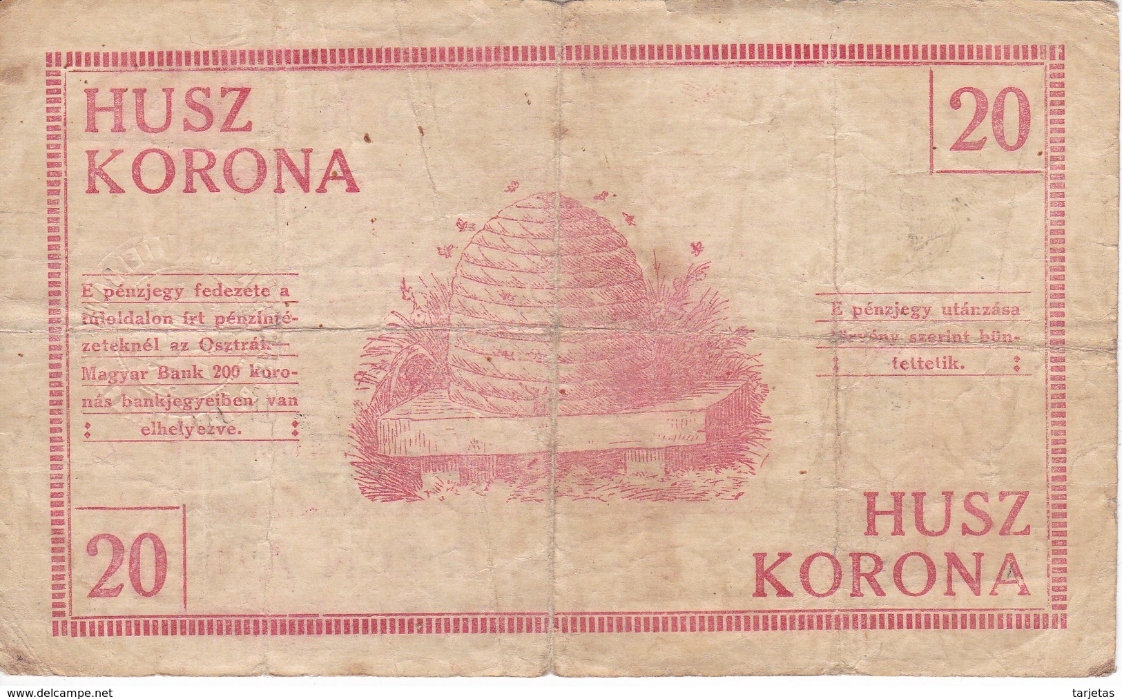 BILLETE DE HUNGRIA DE 20 KORONA DEL AÑO 1919  (BANKNOTE) MUY RARO - Hungría