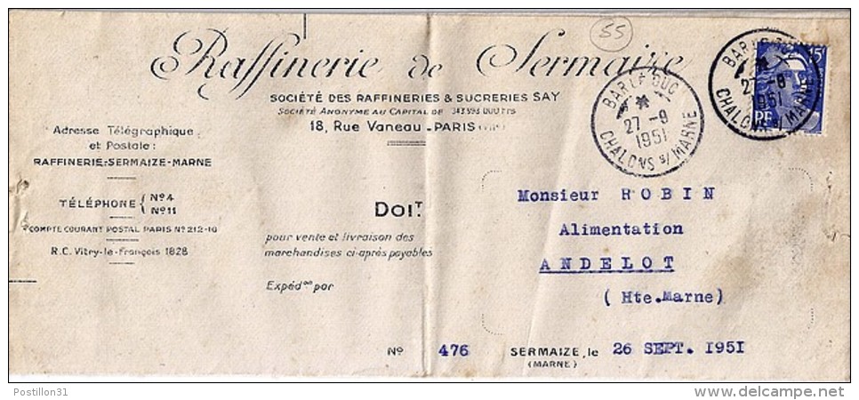 55 - MEUSE - BAR LE DUC / CHALONS S/ MARNE (AMBULANT CONVOYEUR)  - 1951 -  TàD De Type A6  RARE - Cachets Manuels