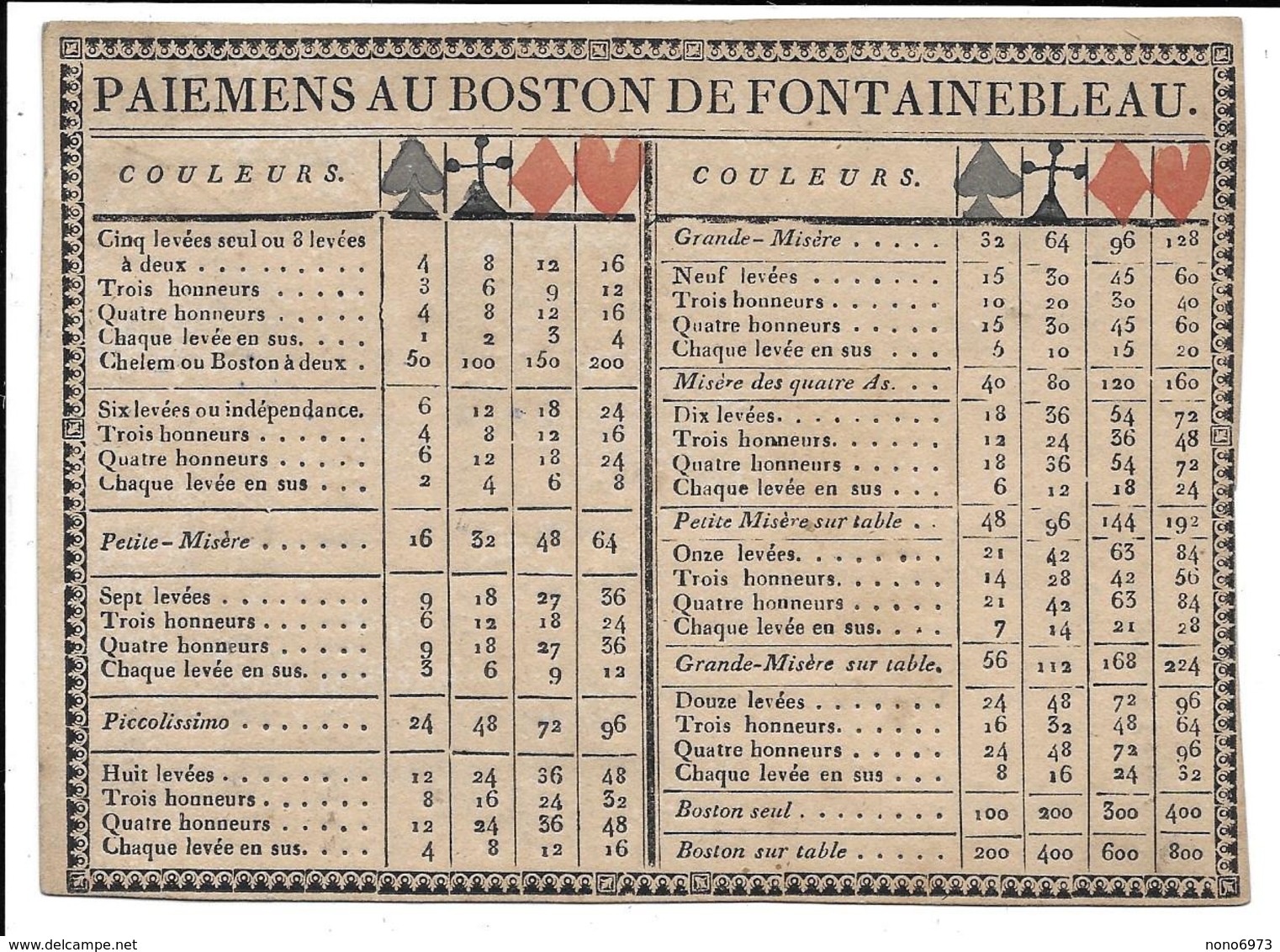 Ca 1810-1830 Règles Et Paiemens Au Boston De Fontainebleau (ancêtre Du Whist) - Cartes à Jouer Classiques