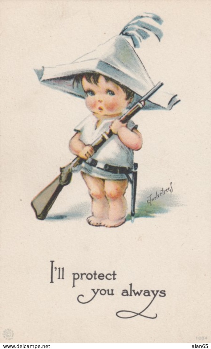 Twelvetrees Artist Signed Image I'll Protect You Always, Boy In Paper Hat With Toy Gun, C1910s Vintage Postcard - Other & Unclassified