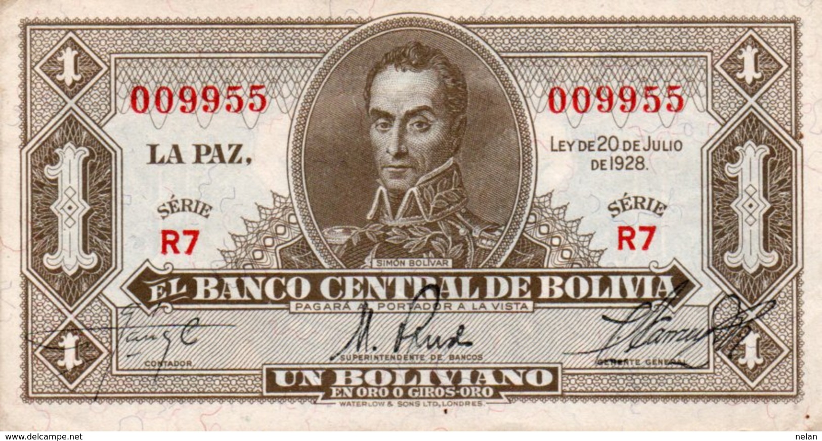 BOLIVIA 1 BOLIVIANO 1928 P-128a7 XF++-SERIE-009955 - Bolivia