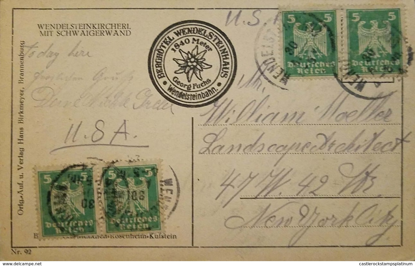 L) 1924 GERMANY, EAGLE, GREEN, 5C, CIRCULATED COVER FROM GERMANY TO NEW YORK - Other & Unclassified