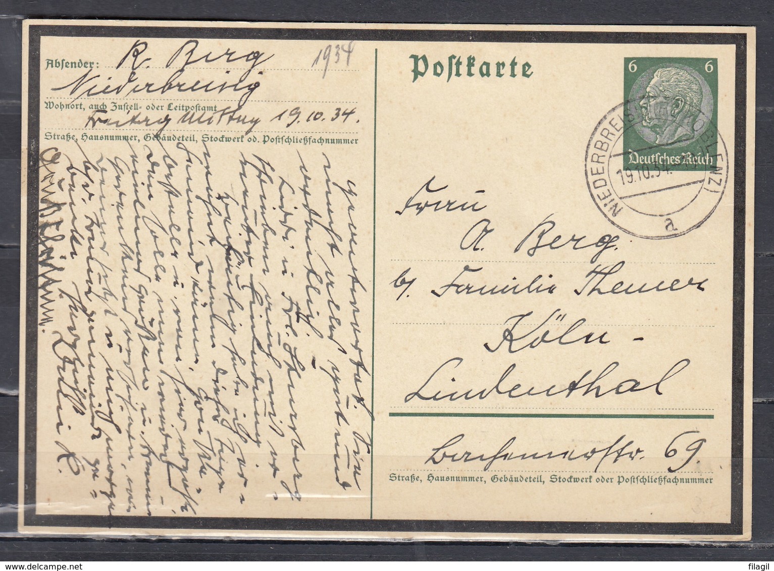 Postkarte Von Niederbreisig (Koblenz) Nach Koln (303) (19/10/1934) - Briefe U. Dokumente