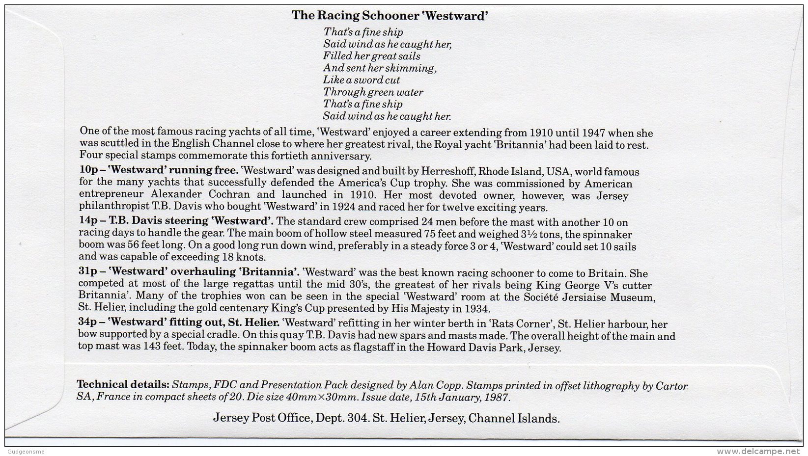 JERSEY 1987 Schooner Westward FDC - Jersey