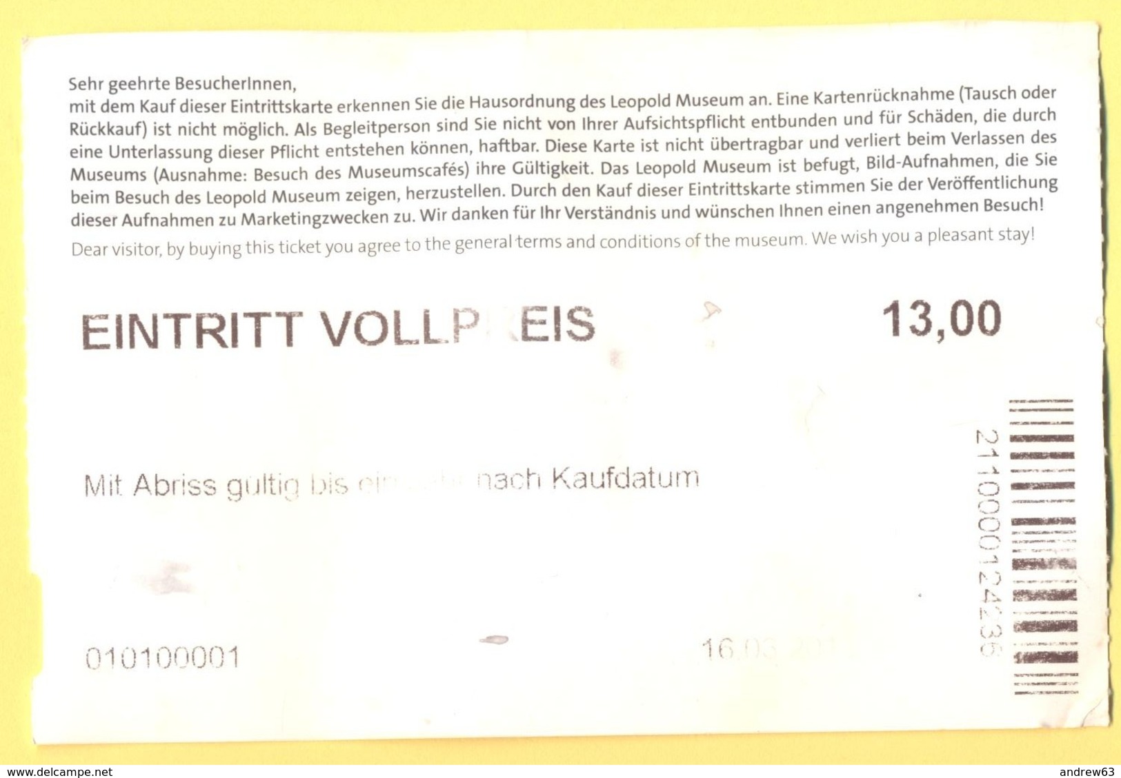 AUSTRIA - ÖSTERREICH - AUTRICHE - Leopold Museum, Wien - Entrance Ticket - Eintritt Vollpreis - Egon Schiele - Used - Biglietti D'ingresso