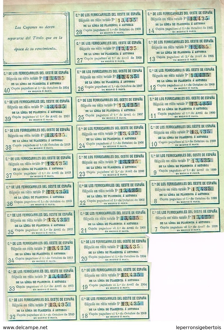 Obligation Ancienne - Compagnie Des Chemins De Fer De L'Ouest De L'Espagne - Titre De 1894 - VF- - Chemin De Fer & Tramway