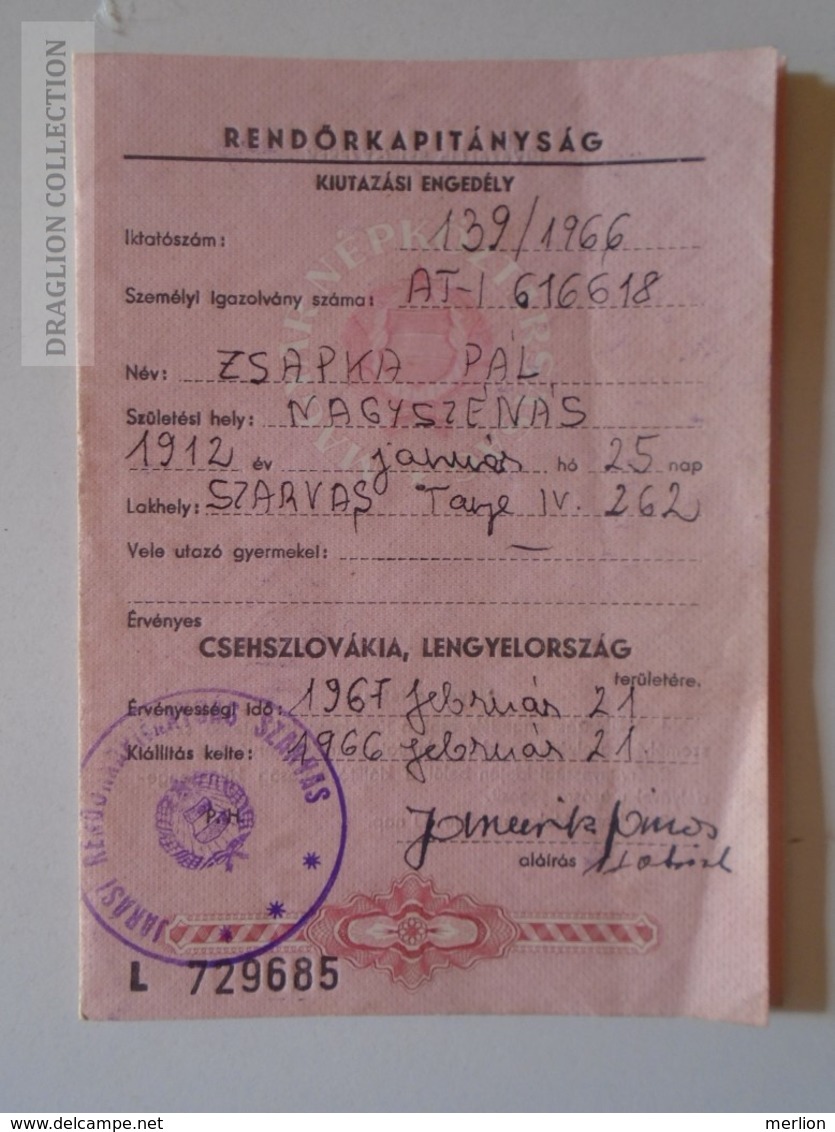 ZA108.13   Travel Document -Exit Permit - Passport - Hungary 1966 - Historical Documents