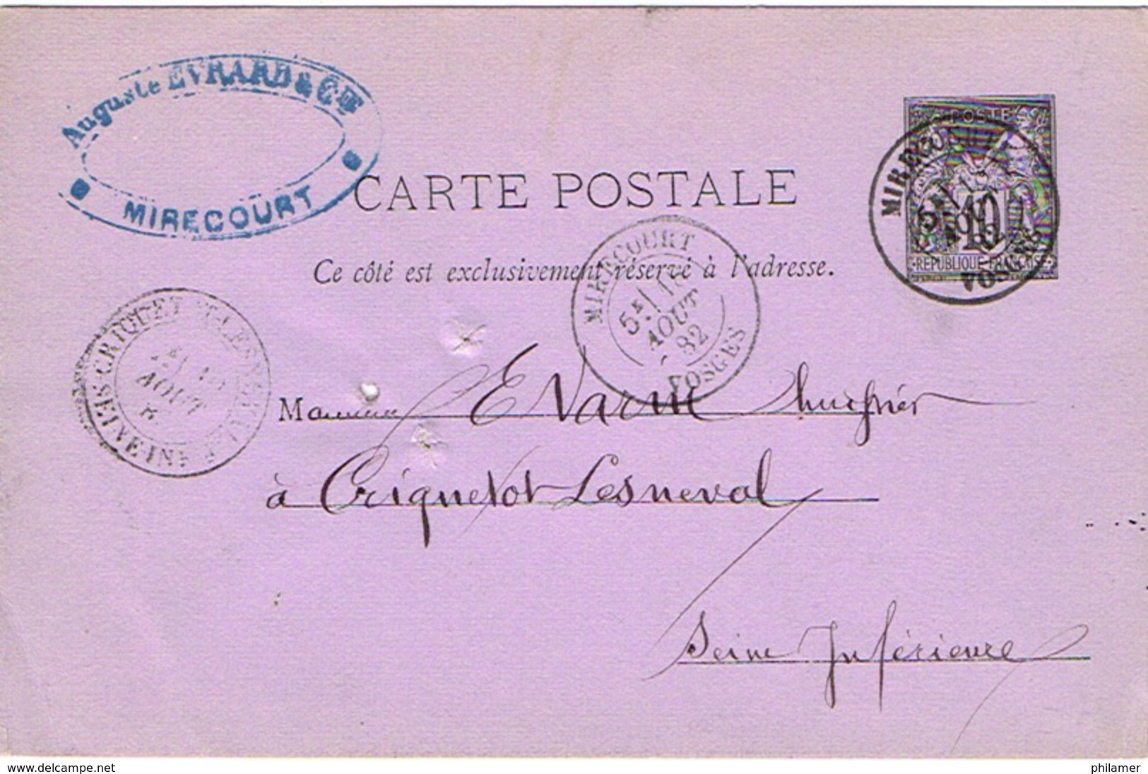 France Entier Postal Stationery Pret A Poster Carte Postale Cachet Mirecourt Vosges Criquetot Lesneval 1882 3 Trous Arch - Cartes Postales Types Et TSC (avant 1995)