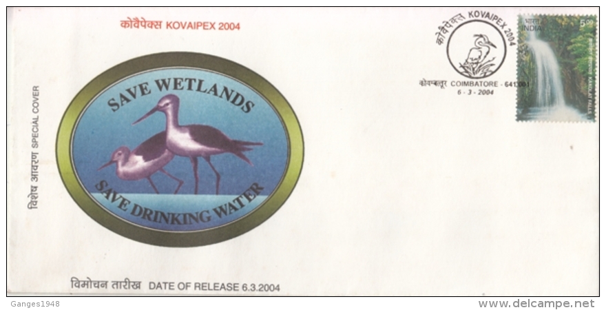 India  2004  Birds  Save Wetlands  Save Drinking Water  Coimbatore  Special  Cover #  15367  D Inde Indien - Gru & Uccelli Trampolieri