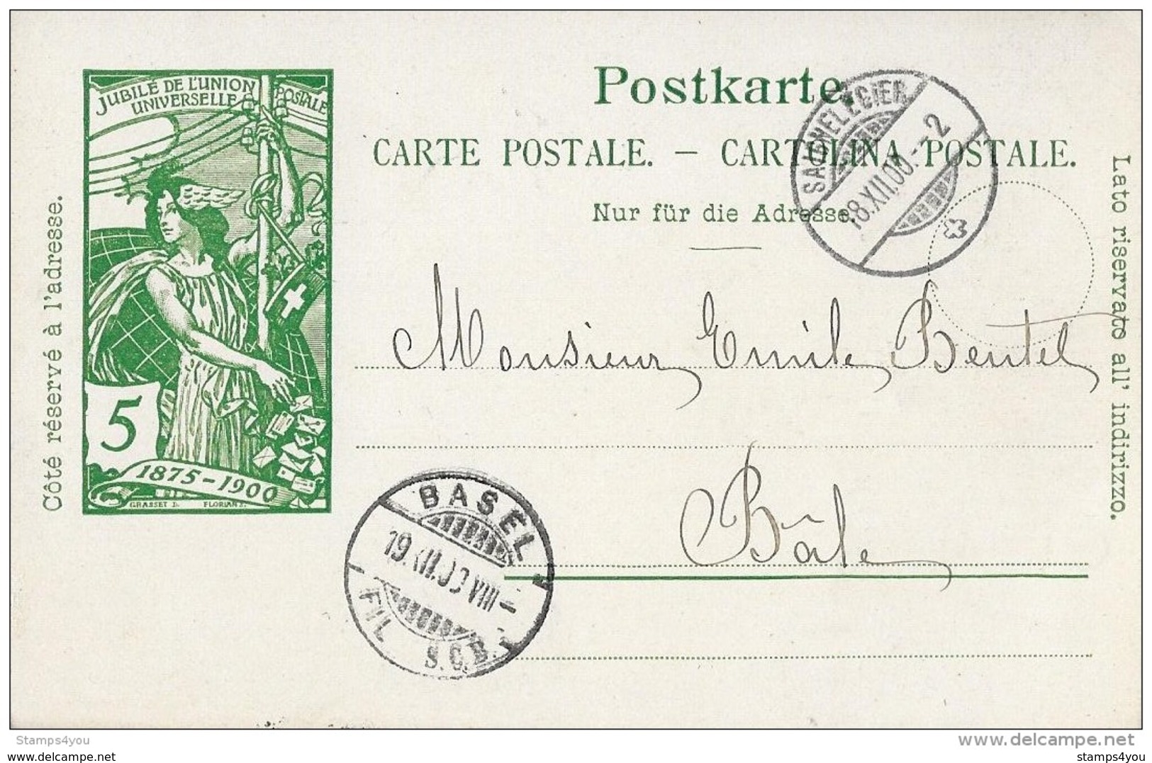 93 - 50 - Entier Postal UPU Privé "Suchard" - Cachets à Date Saignelégier Et Basel 1900 - Entiers Postaux