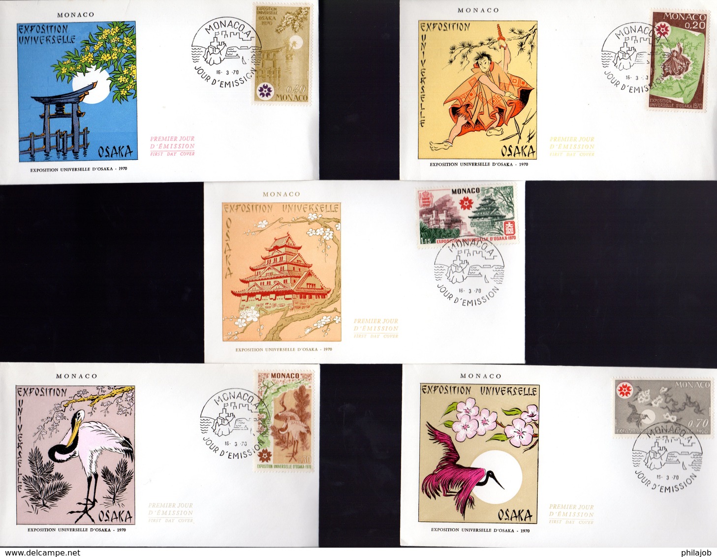 " EXPOSITION UNIVERSELLE D'OSAKA " Sur 5 Enveloppes 1er Jour De 1970 De MONACO. N° YT 822 à 826. Parfait état. FDC - 1970 – Osaka (Japón)
