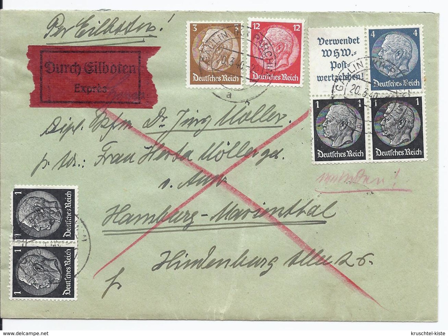 Dt.- Reich (003181) Expressbrief Zusammendruck MNR S167, S171, W82, 516, 513, 512, 519, Gelaufen Gallin Am 20.3.1940 - Zusammendrucke