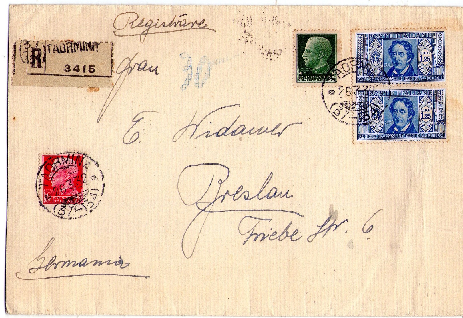 ITALIA  Storia Postale  Regno    Busta   Affr. Coppia Di Dante Lire 1,25 + 25 +75   Da Taormina 20 - 3 - 32 - Altri & Non Classificati