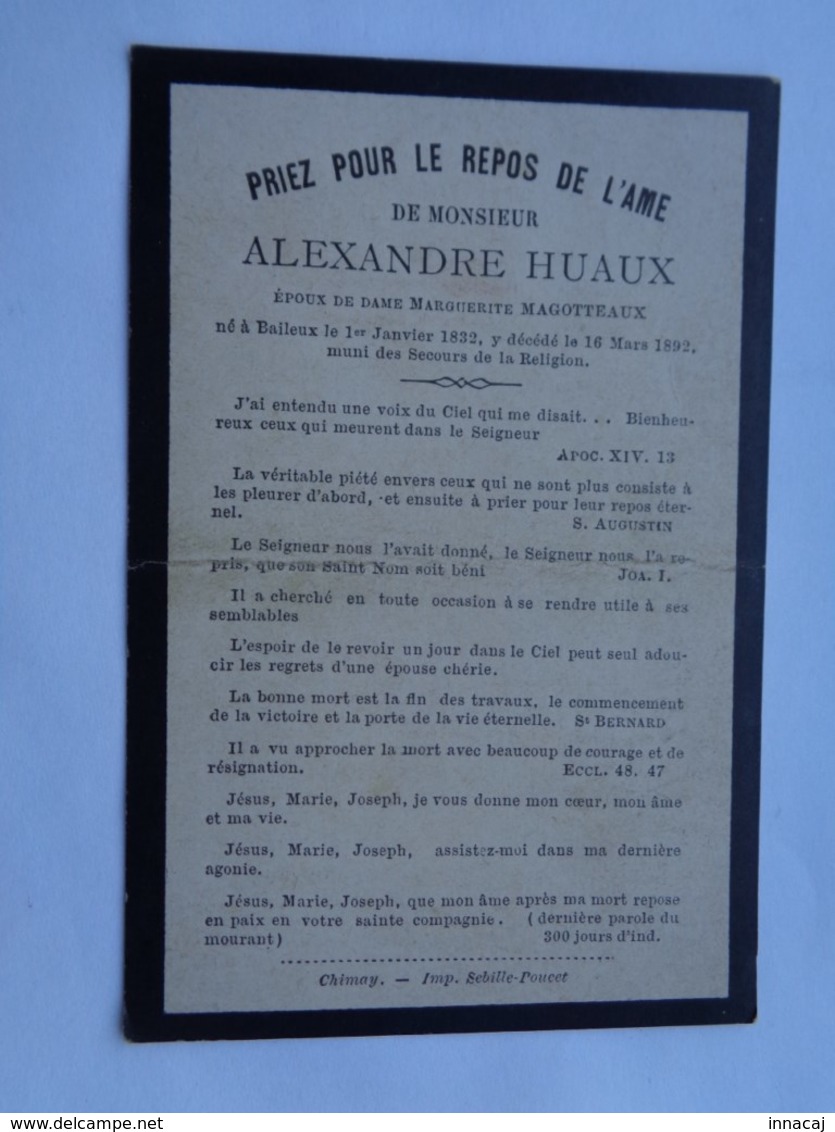 Réf: 41-17-31.  HUAUX Alexandre Né Et Mort à BAILEUX  Epoux  De MAGOTTEAUX Marguerite. - Avvisi Di Necrologio