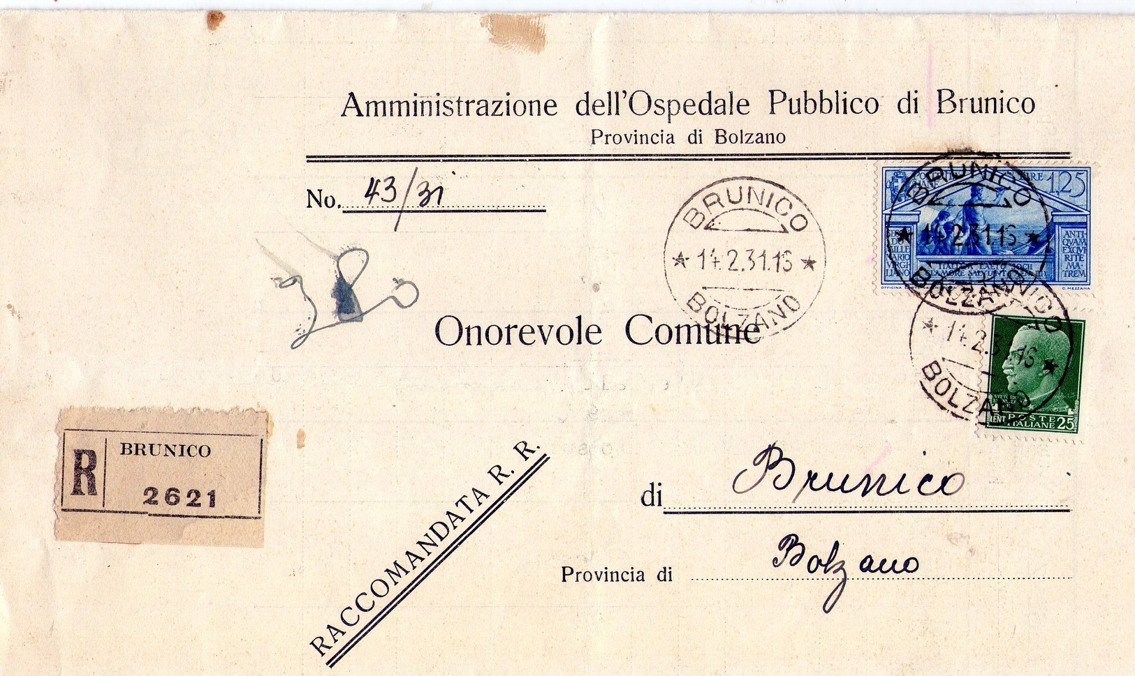 ITALIA  Storia Postale  Regno  Racc  Busta   Affr. Virgilio Lire 1,25 + 25  ,  Brunico  14 - 2 - 1931 - Altri & Non Classificati