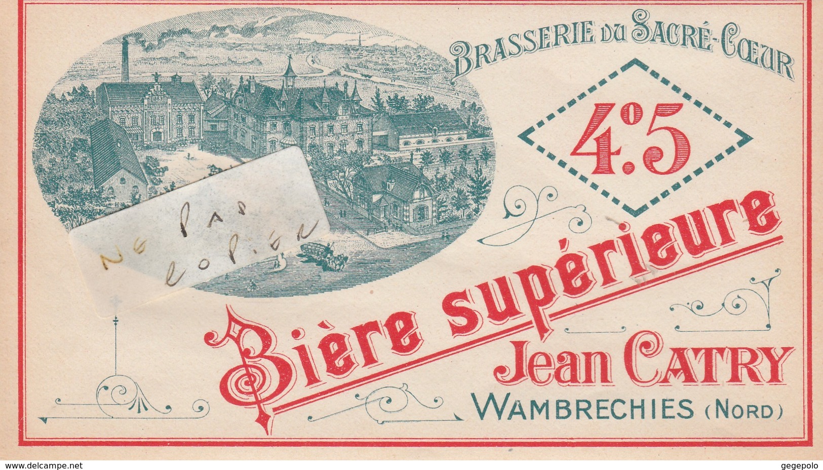 59 - WAMBRECHIES - Brasserie Du Sacré-Coeur - Jean CATRY  ( Etiquette ?? Souple 16,5 Cm X 9,8 Cm ) - Pubblicitari