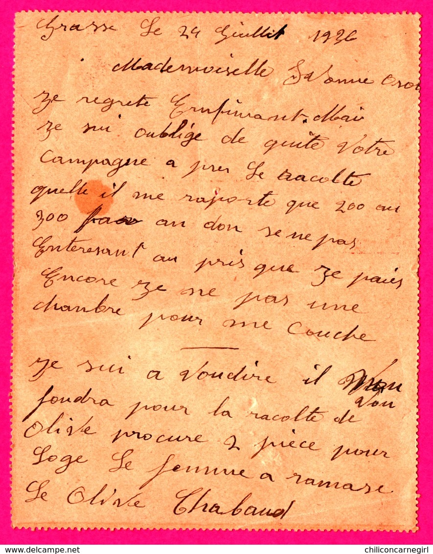 Carte Lettre Type Paix Laurens 50 C - Entier Postal - Oblit. Octogonale GRASSE Recommandé A - Pour OSSOLA - 1936 - Cartes-lettres