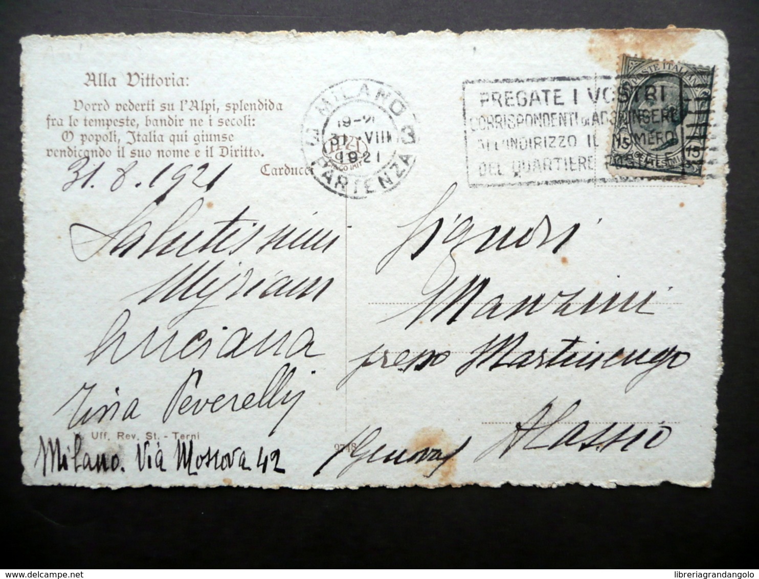 Autografo Luciana Peverelli Cartolina Postale Milano 1921 Scrittrice Giornalista - Altri & Non Classificati