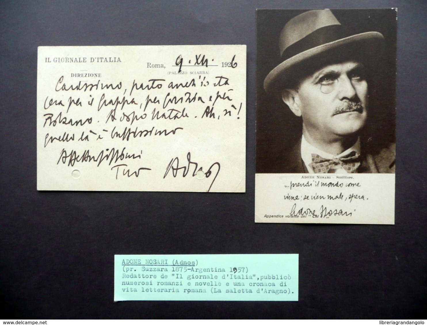 Autografo Adone Nosari Adnos Cartoncino Il Giornale D'Italia Roma 1926 Suzzara - Altri & Non Classificati