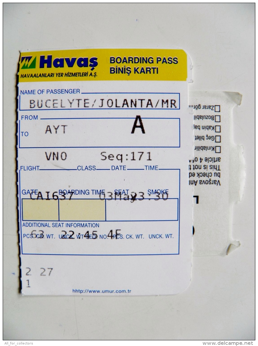 Ticket Boarding Pass Havas Turkey - Europe