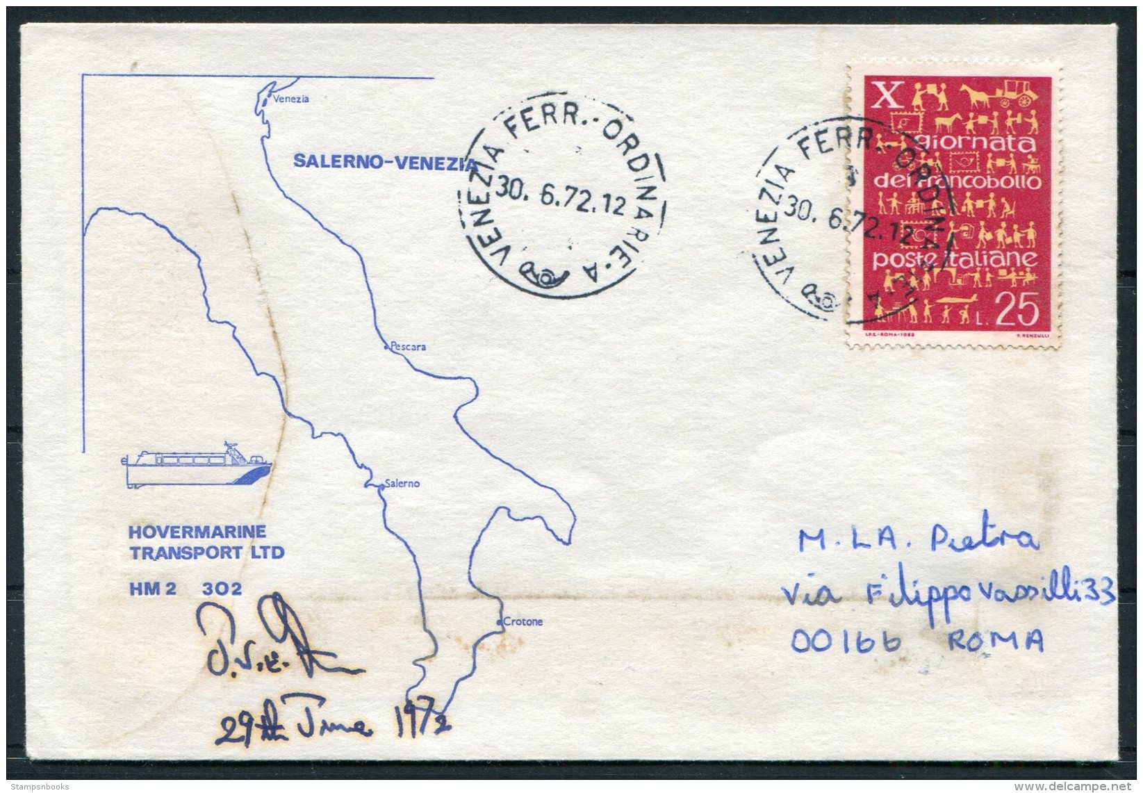 1972 Italy Salerno Venezia Hoovercarft Cover SIGNED. Hovermarine Transport Ltd - 1971-80: Storia Postale