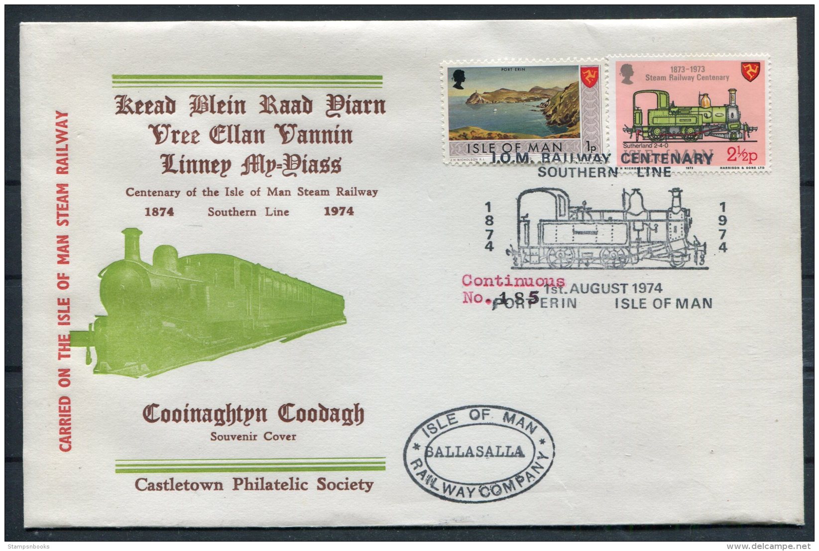 1974 IOM Railway Train Cover. Douglas, Santon, Ballasalla, Castletown, Colby, Port St Mary, Port Erin - Isle Of Man