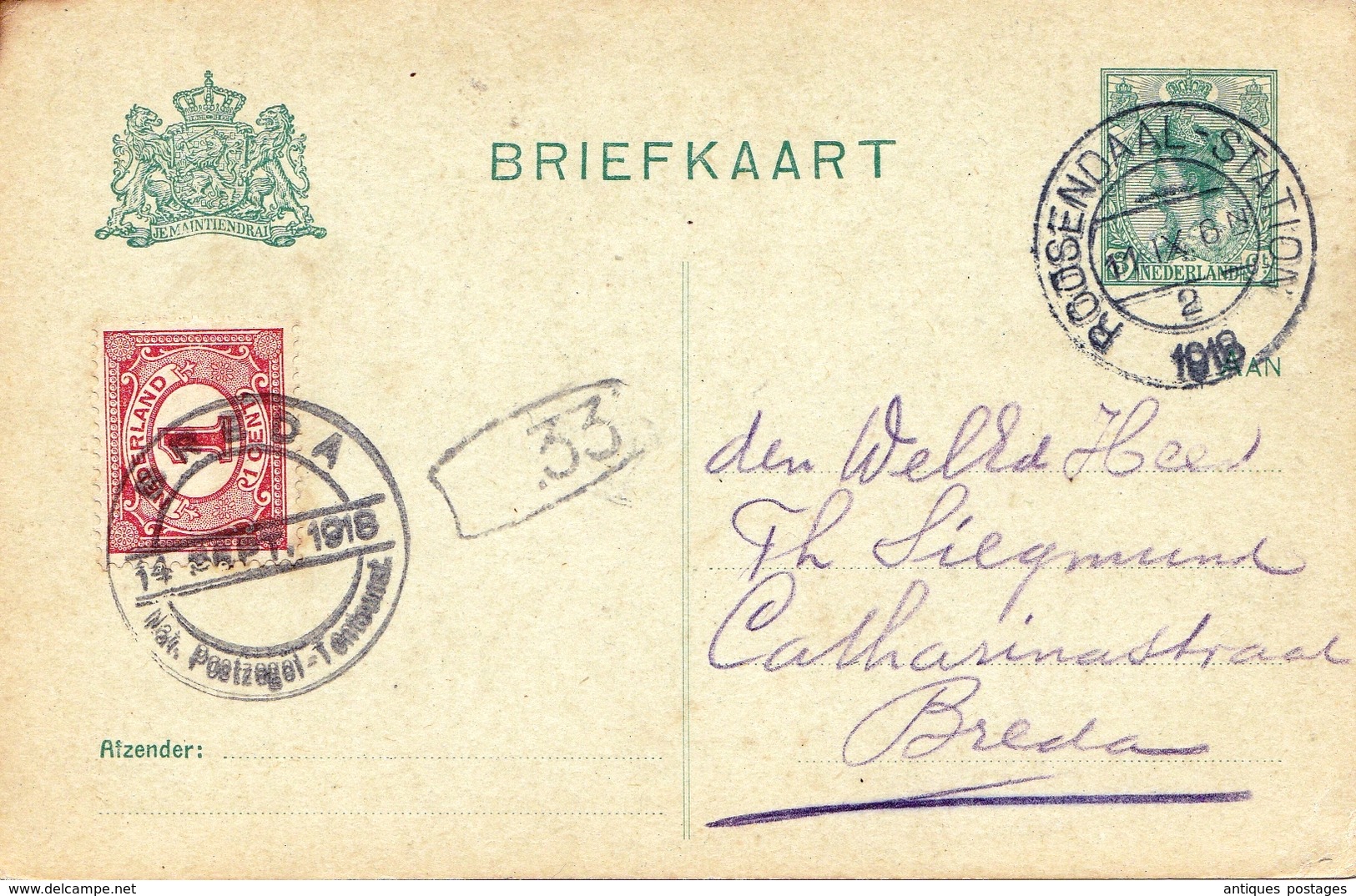 Entier Postal Roosendaal 1918 Rosendael Nederland Pays Bas Breda - Entiers Postaux