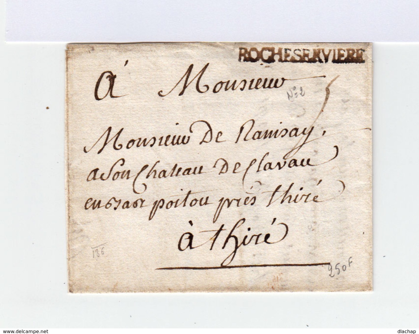 Sur Lettre Marque Postale Rocheservière. Adressé à Monsieur De Ramisay à Thiré (768) - 1701-1800: Précurseurs XVIII