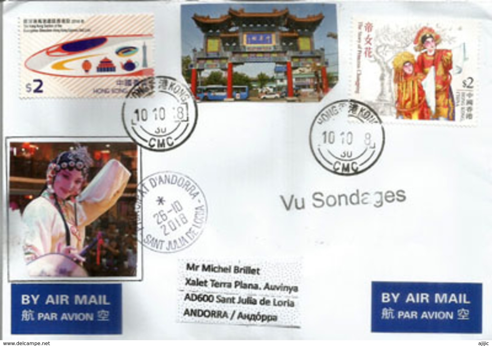 Belle Lettre De Hong-Kong 2018,  Adressée Andorra, Avec Timbre à Date Arrivée - Lettres & Documents