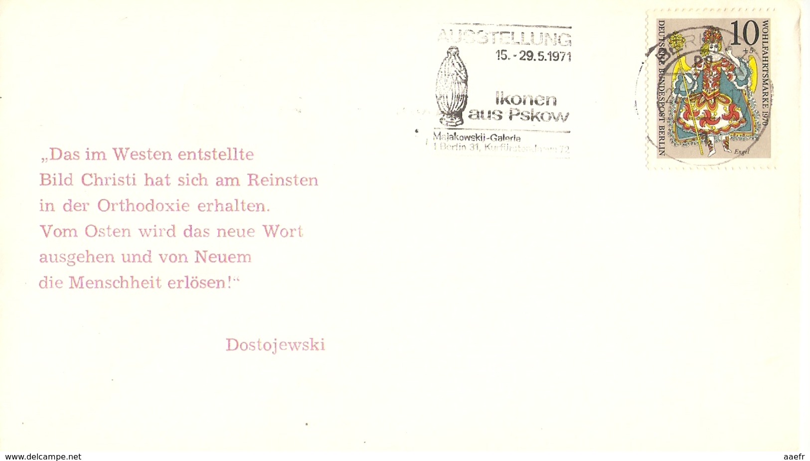 Allemagne Berlin 1971 - Enveloppe Avec Flamme Ausstellung Ikonen Aus Pskow - Citation Dostoievski - YT 374 - Lettres & Documents