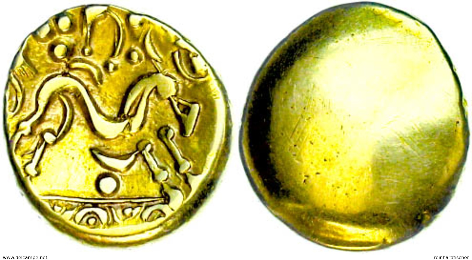 Gallien, Ambiani, Stater (6,20g), Gold, 60-50 V. Chr. Av: Glatt. Rev: Pferd Nach Rechts, Darunter Kugel. Slg. Flesche 21 - Keltische Münzen