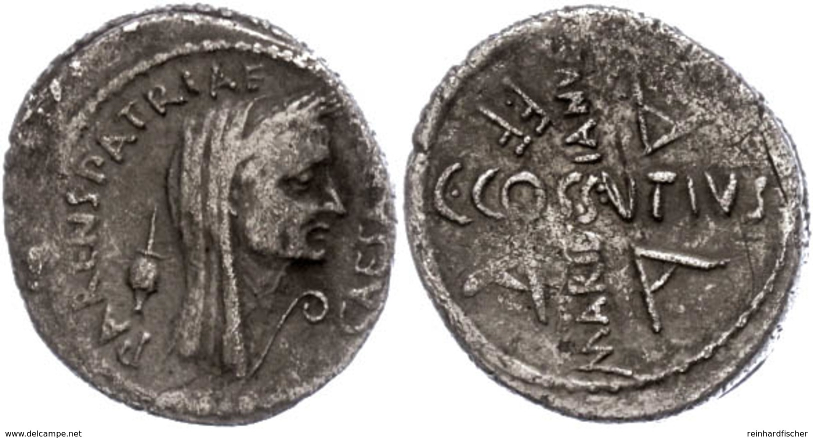 C. Cossutius Maridianus, Denar (3,76g), 44 V. Chr., Rom. Av: Verschleiertes Kopf Caesars, Davor "CAESAR" Und Lituus, Dah - Republic (280 BC To 27 BC)