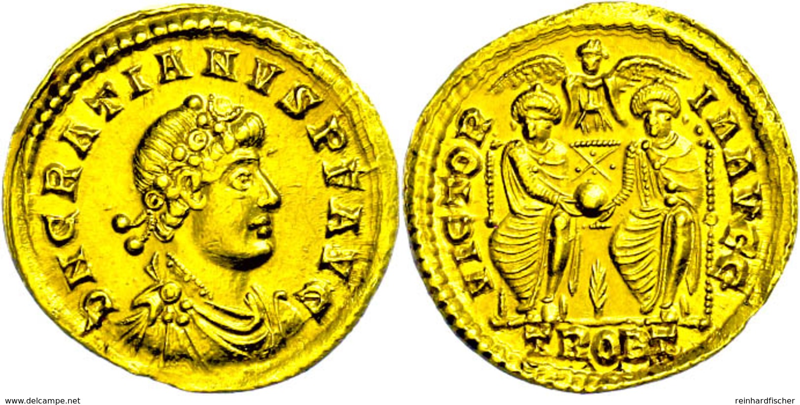 Gratianus, 367-375, Solidus (4,44g), Treveri. Av: Büste Nach Rechts, Darum "DN GRATIANVS P F AVG". Rev: Zwei Sitzende Ka - Other & Unclassified