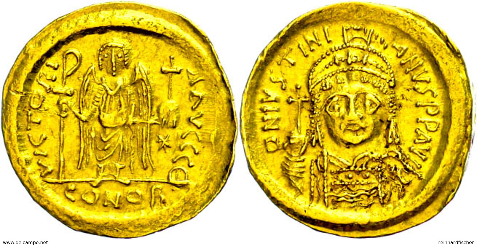 Justinianus I., 527-565, Solidus (4,29g), Konstantinopel. Av: Büste Mit Kreuzglobus Von Vorn, Darum Umschrift. Rev: Steh - Bizantine