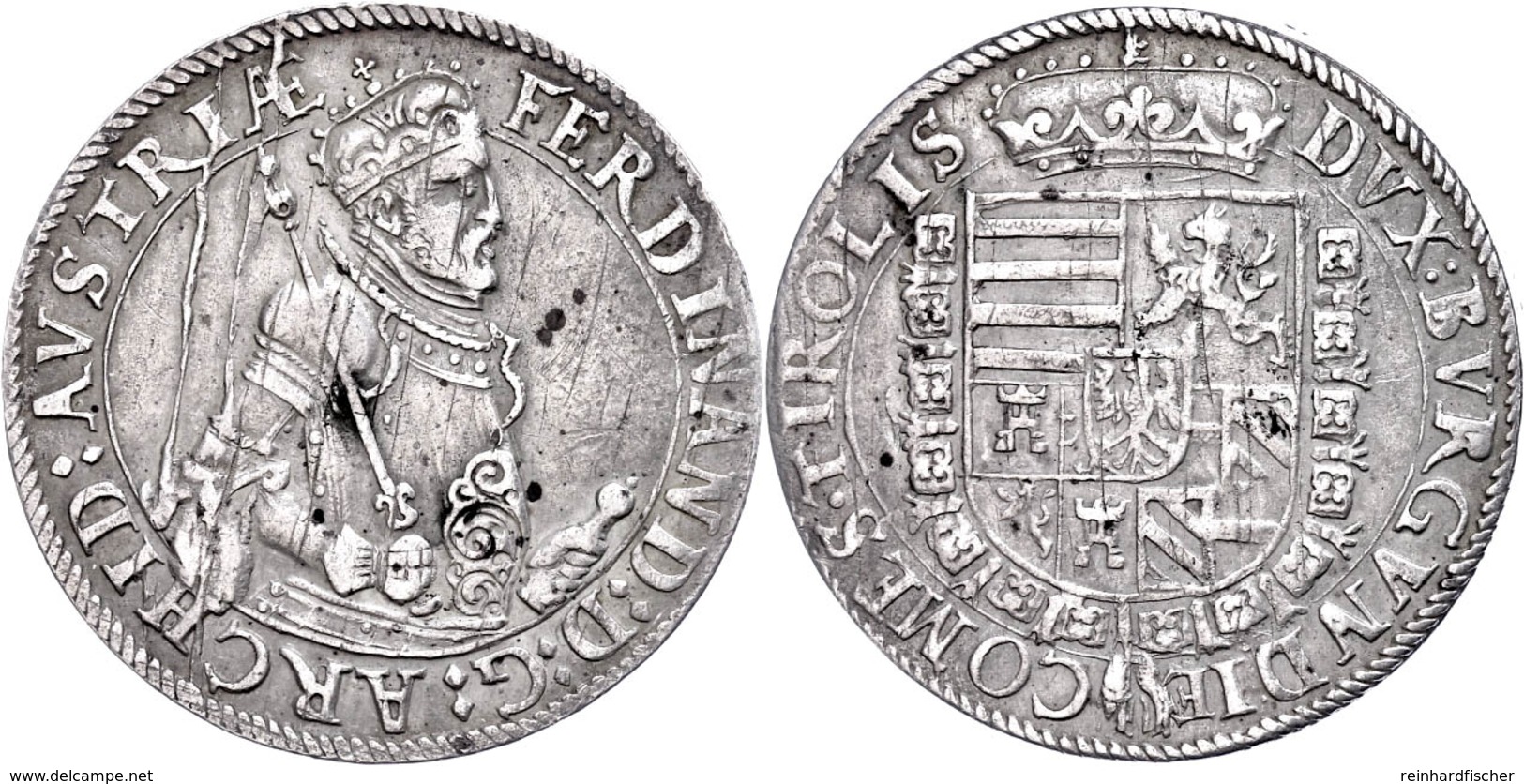 Taler, O.J. (1564-1595), Ferdinand II., Hall, Dav. 8097 Var., Stempelfehler, Etwas Fleckig, Ss.  Ss - Austria