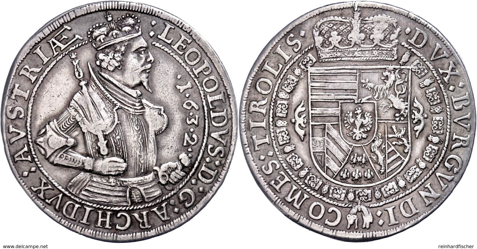 Taler, 1632, Leopold V., Hall, Dav. 3338, Kl. Rf., Ss.  Ss - Austria