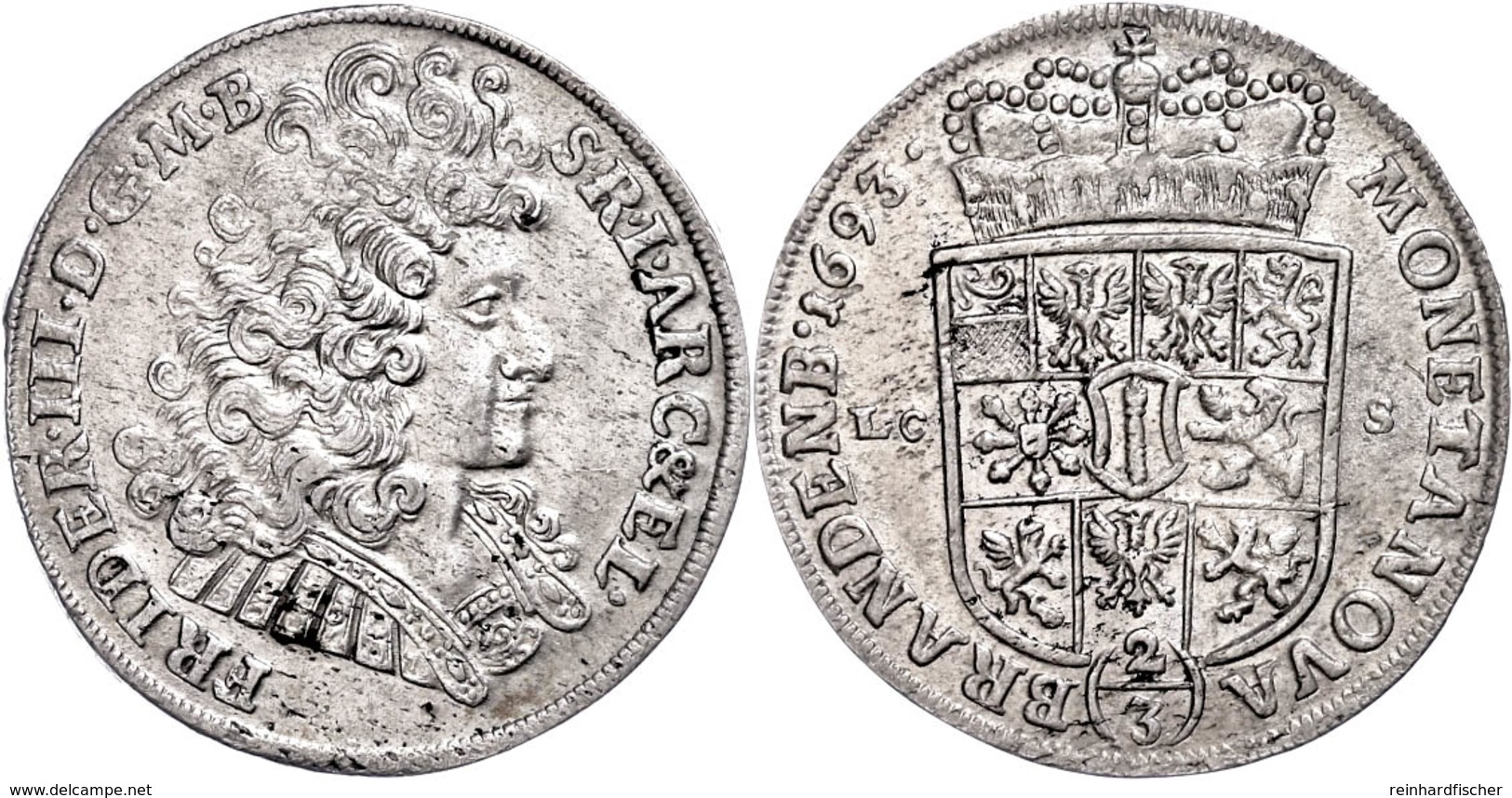 2/3 Taler, 1693, Friedrich III., LCS Berlin, Von Schrötter 119, Ss+. - Other & Unclassified