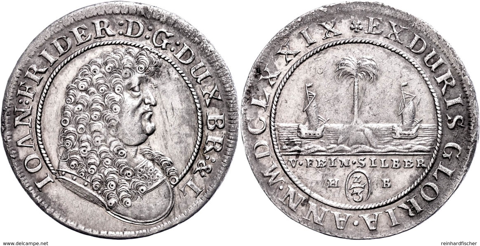 2/3 Taler (Palmbaumgulden), 1679, Johann Friedrich, HB, Welter 1730, Dav. 379, F. Vz. - Other & Unclassified