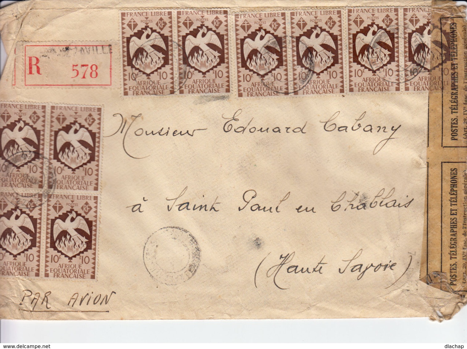 Sur Enveloppe En Recommandé Par Avion 17 Timbres Afrique équatoriale Française. CAD 1945. Cachets Contrôle Douane. (773) - Lettres & Documents