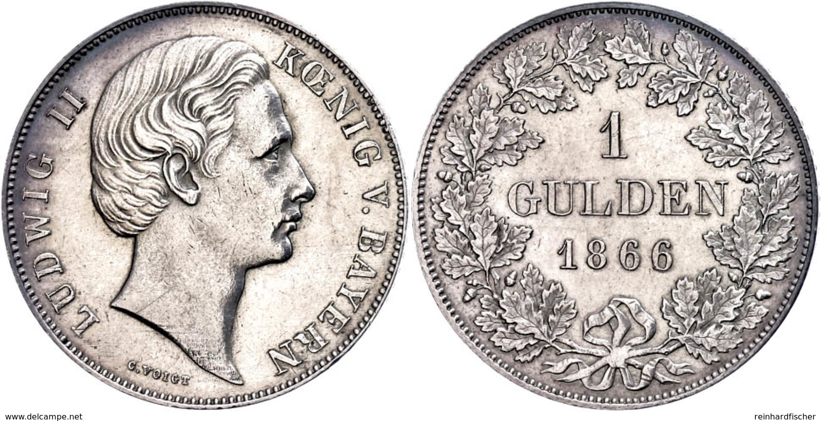 Gulden, 1866, Ludwig II., AKS 178, J. 103, Kl. Kratzer, Vz.  Vz - Altri & Non Classificati