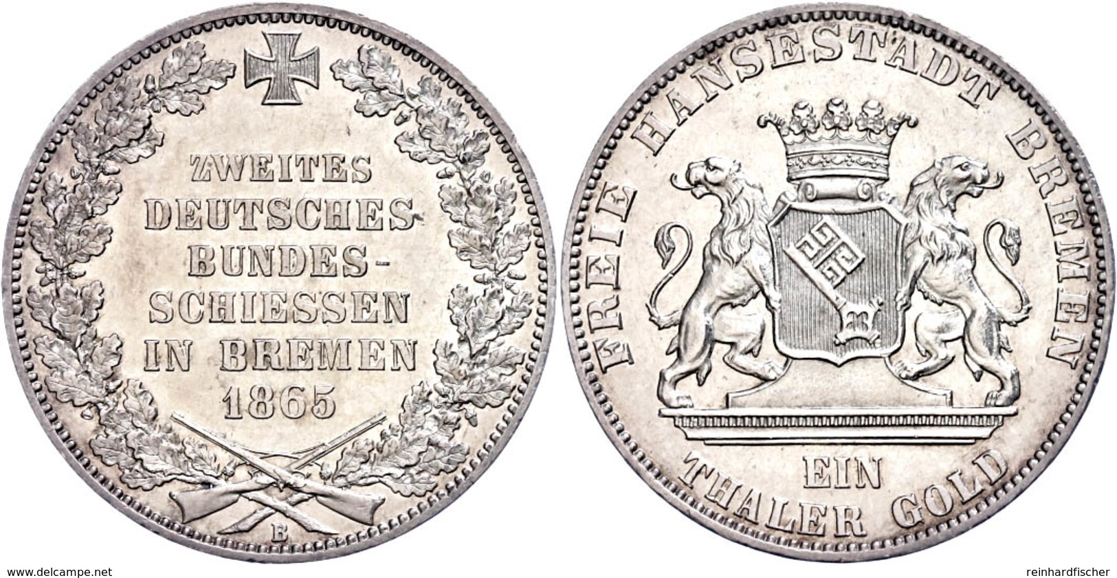 Taler, 1865, 2. Bundesschießen In Bremen, AKS 16, J. 27, Wz. Rf. Und Kr., Vz-st.  Vz-st - Bremen