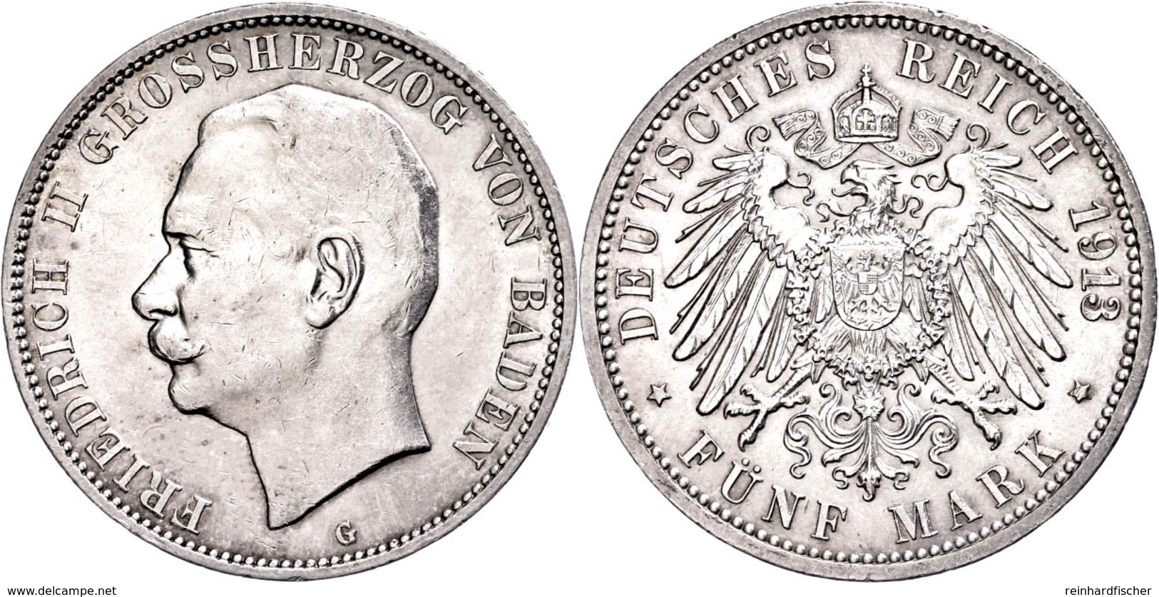 5 Mark, 1913, Friedrich II., Kl. Rf., Vz., Katalog: J. 40 Vz - Altri & Non Classificati